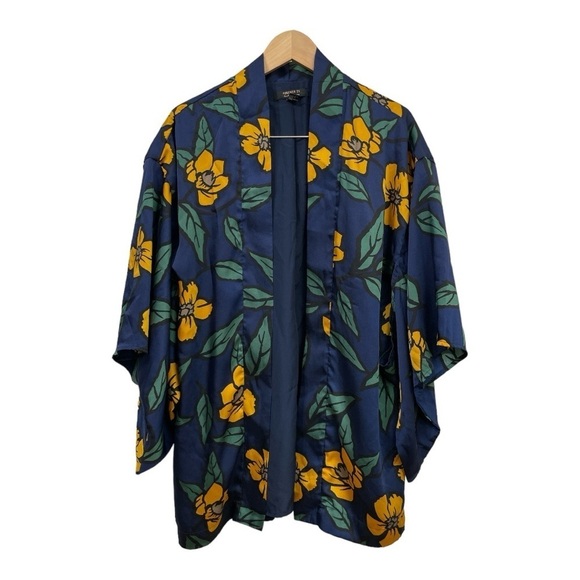 Forever 21 Cardigan Kimono Satin-like Lined Open Front Navy/Mustard Floral Sz: M - Picture 9 of 12